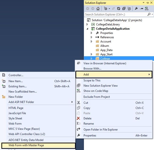 Adding Web Form with Master Page